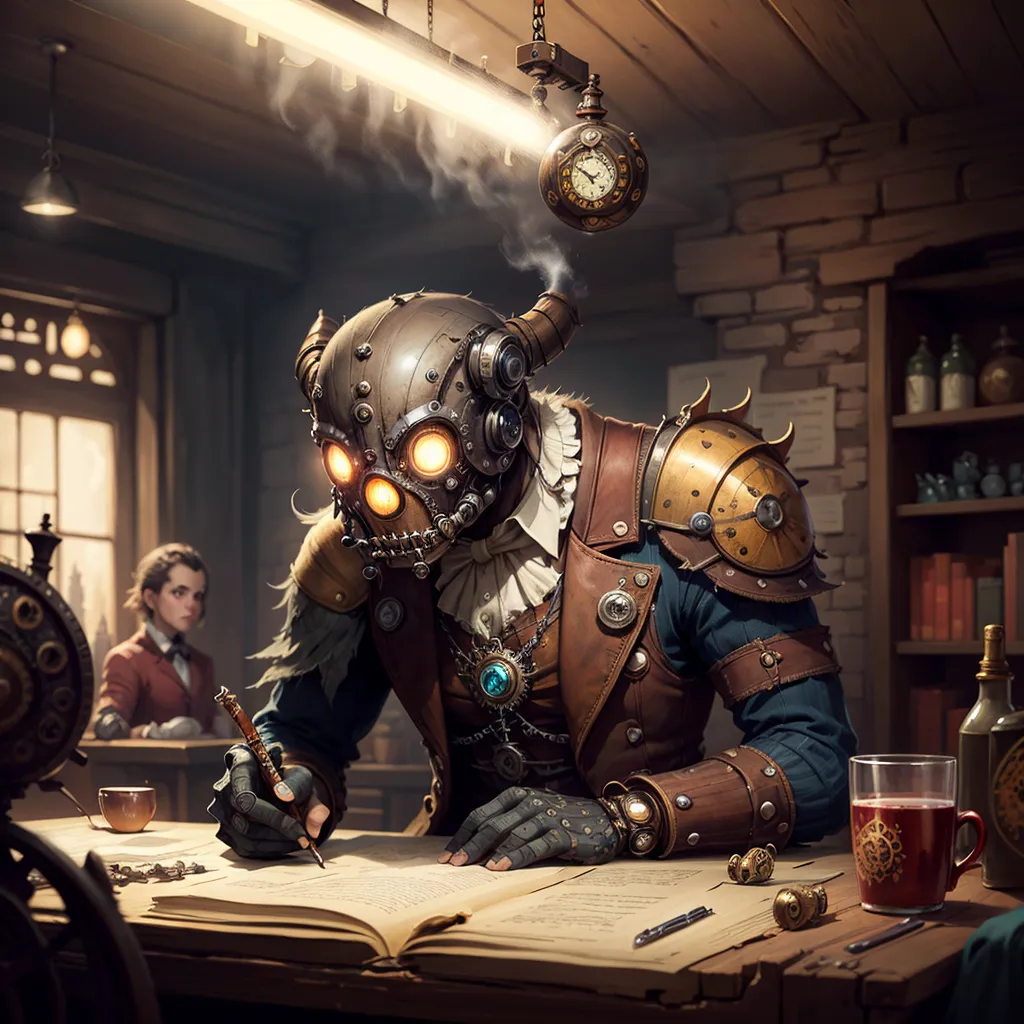 The image is in a steampunk style. A man is sitting at a desk, writing in a book. He is wearing a steampunk style helmet and goggles. He is also wearing a leather jerkin and a metal pauldron. There is a clock hanging above his head and a woman standing in the background.