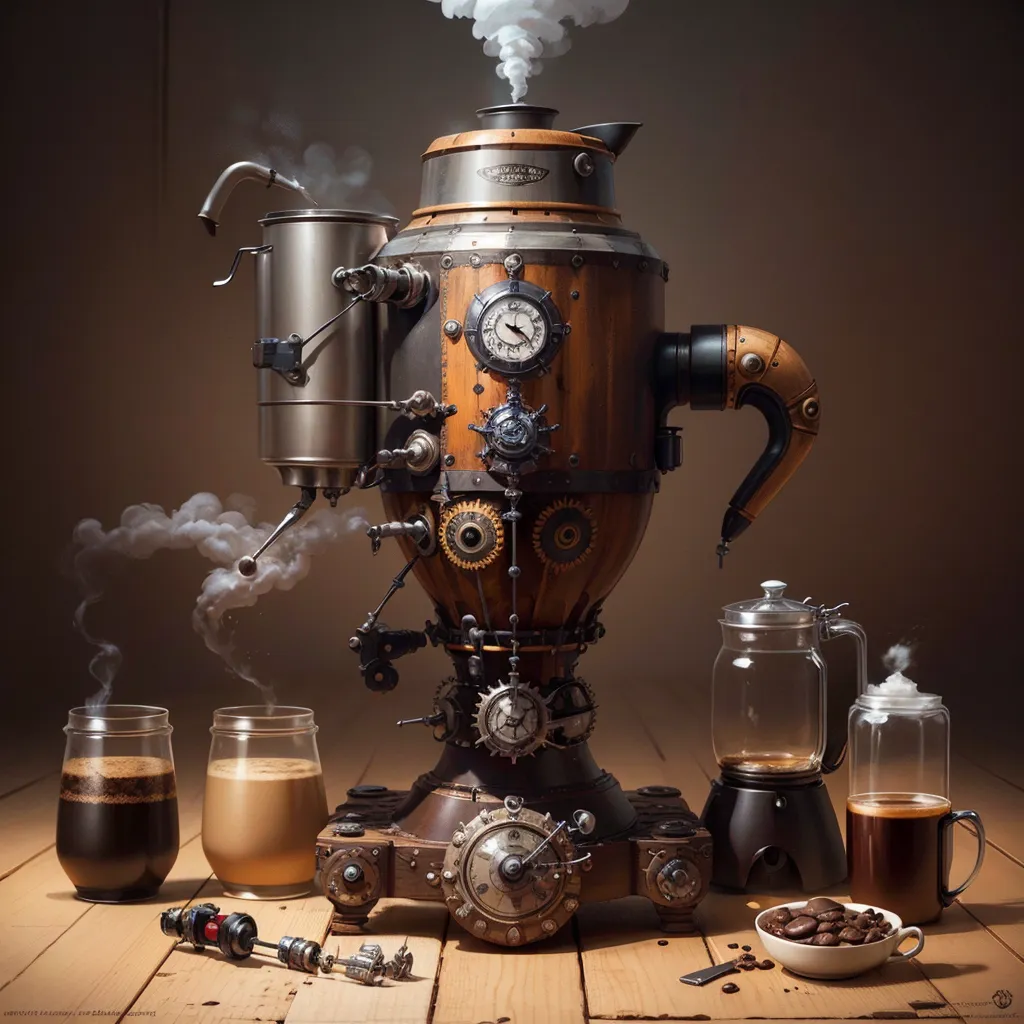 The image is a steampunk coffee maker. It is made of metal and wood. It has a large clock on the front and a number of gauges and levers. There is steam coming out of the top of the coffee maker and there are two cups of coffee on the table in front of it.
