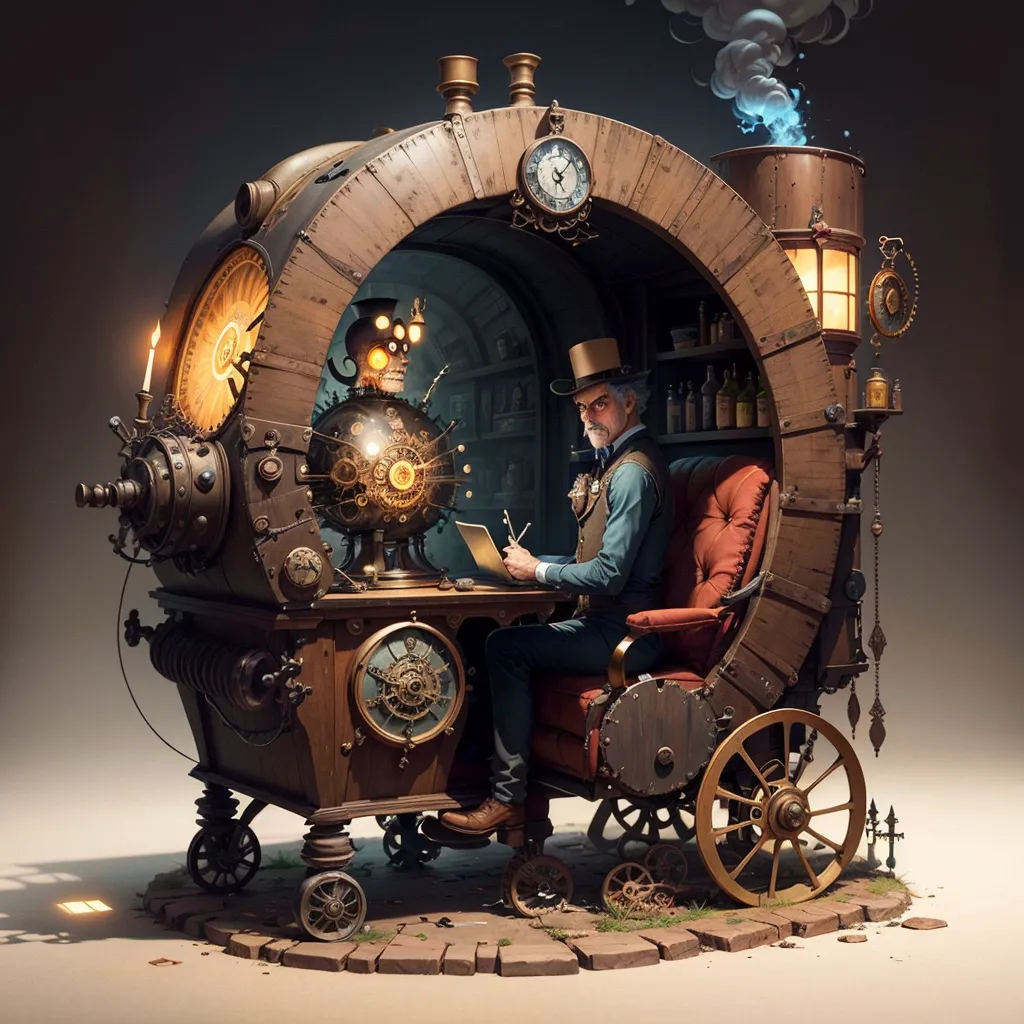 The image is a steampunk-themed illustration of a man sitting in a fantastical vehicle. The man is wearing a top hat and a monocle and has a pipe in his mouth. He is seated in a large, round vehicle with a wooden frame and metal accents. The vehicle has a large clock on the front and several other steampunk gadgets and gizmos. The man is holding what appears to be a quill pen and is writing something on a notepad. The vehicle is surrounded by various steampunk accessories, including a lamp, a globe, and a skull. The image has a sepia tone and a somewhat whimsical atmosphere.