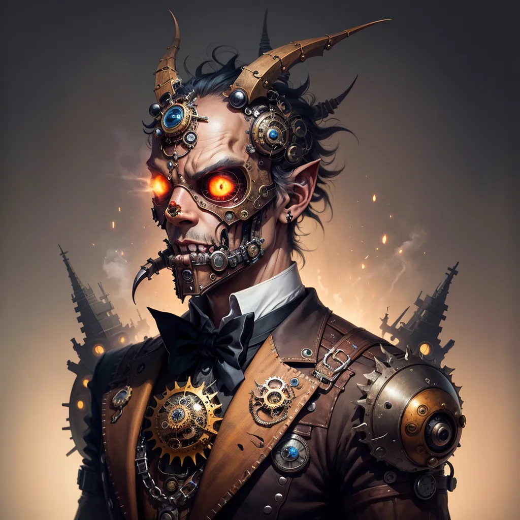 The image is a portrait of a steampunk character. He has brown hair and yellow eyes, and is wearing a black suit with a white shirt and tie. He has a number of steampunk accessories, including a mask with gears and a clock, a shoulder pad with a clock, and a number of gears and cogs on his chest. He is standing in front of a dark background with a city in the distance.