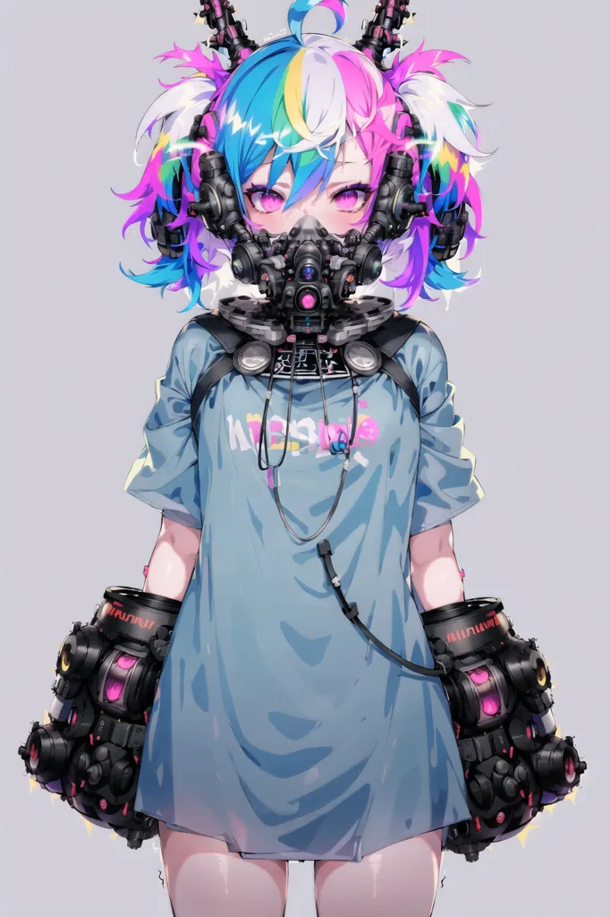 The image is a digital painting of a young woman with pink and blue hair. She is wearing a large gas mask with a black filter and a blue shirt. She also has a pair of black gloves with pink and blue highlights. Her eyes are a light purple color and she has a small beauty mark on her right cheek. She is standing in front of a white background and there is a light shining on her from the left side of the image.