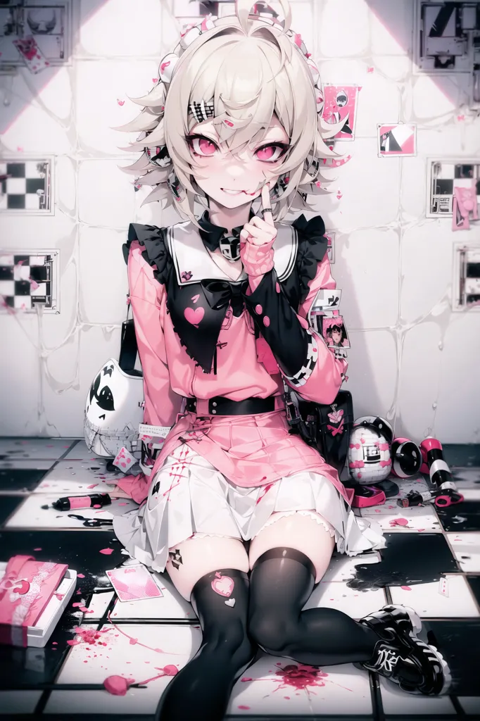 The image is a painting of a young woman with pink and white hair, red eyes, and cat ears. She is wearing a pink and white dress with a black collar and a black choker. She is also wearing black stockings and pink shoes. She is sitting on a pink and white checkered floor, and there are several objects scattered around her, including a pink and white striped bag, a black and white camera, and a pink and white teddy bear. The background is white with several pink and black shapes.