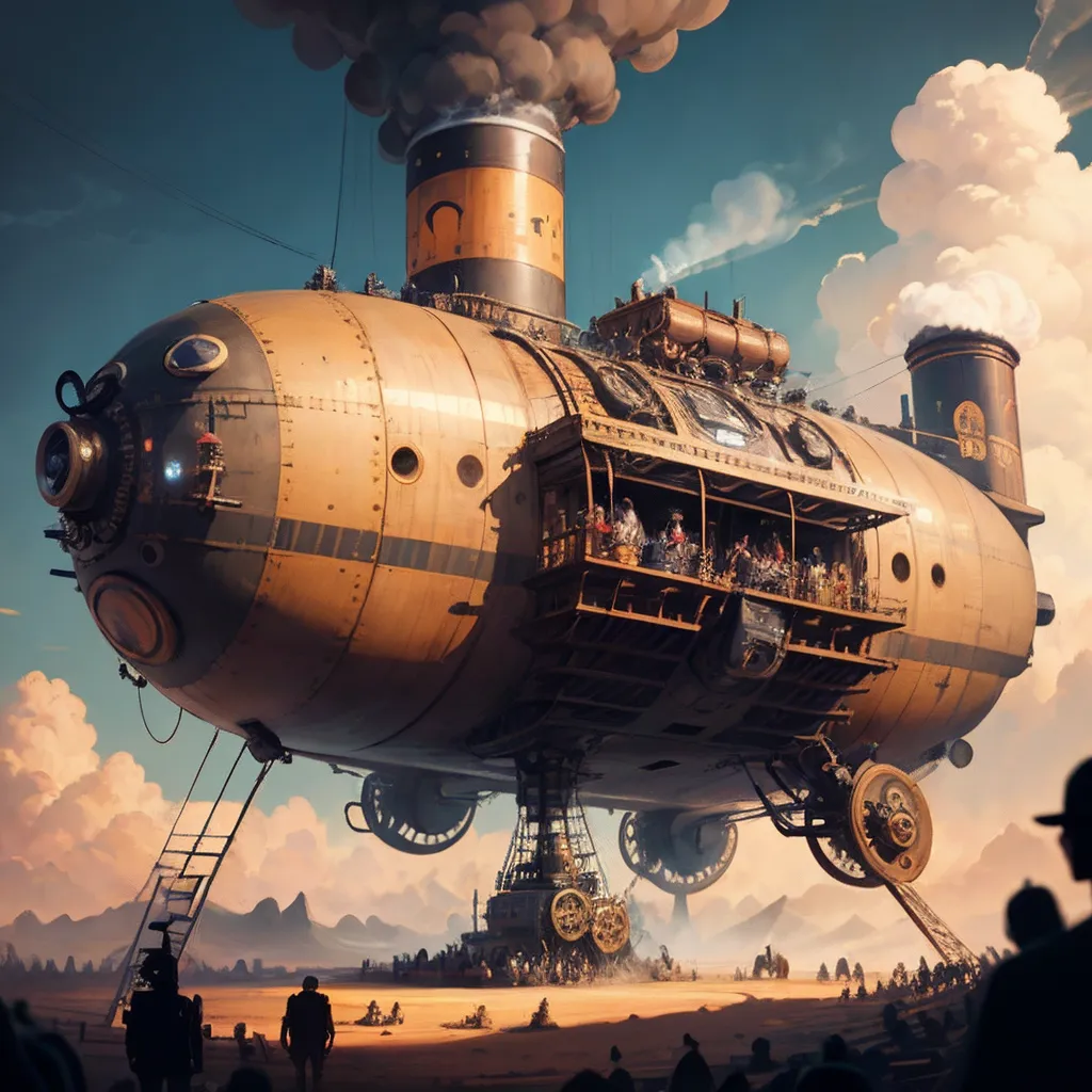 This is an image of a steampunk airship. It is a large, cigar-shaped vessel with a brown and yellow exterior. It has a number of portholes and a large smokestack. The airship is surrounded by clouds and there are people on the ground looking up at it in awe.