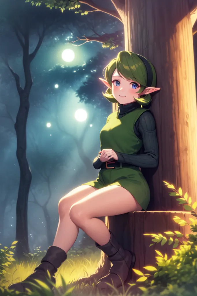 The image is of a young woman with green hair and blue eyes. She is wearing a green tunic and brown boots. She is sitting on a tree stump in a forest. The moon is shining through the trees. There are three glowing orbs in the background. The woman is smiling and has her hand on her knee. She is wearing a brown belt and has a green hat on her head. The image is in a cartoon style and the colors are vibrant.