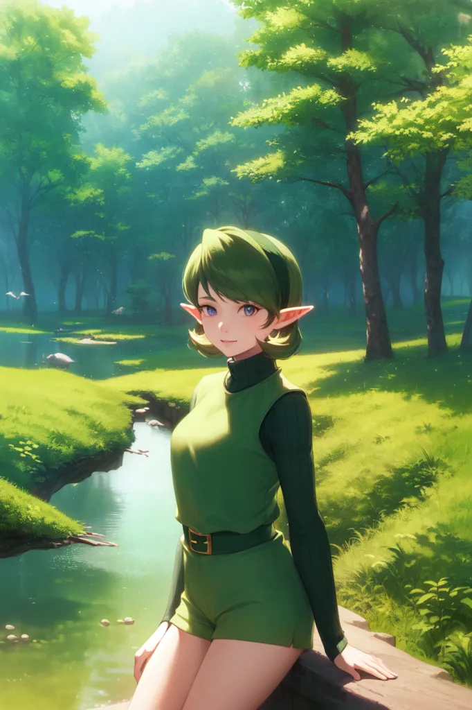 The image is of a young woman with green hair and eyes. She is wearing a green tunic and brown boots. She is sitting on a rock in a forest. There is a river to her right and several trees behind her. The sun is shining through the trees.