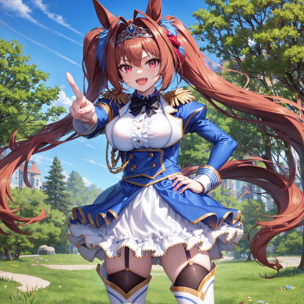 The image is of an anime girl with long brown hair and red eyes. She is wearing a blue and white military-style outfit with a white skirt and a blue jacket with gold trim. She is also wearing a crown and has a sash across her chest. She is standing in a field of grass with trees in the background. She has a confident smile on her face and is pointing at the viewer with one hand while the other is on her hip.