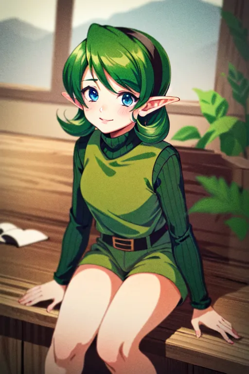 The image is of a young woman with green hair and eyes. She is wearing a green tunic and brown shorts. She is sitting on a bench, with her legs crossed. She has a book open in front of her and is looking at the viewer with a smile on her face. The background is a blur of green foliage.