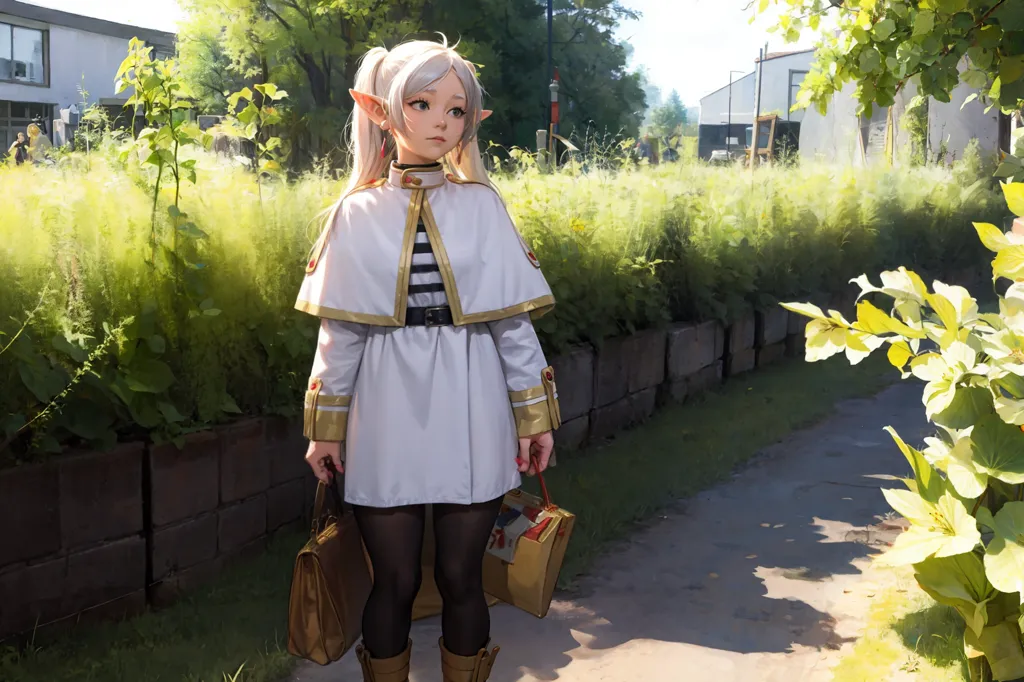 The image shows an anime-style elf girl with long white hair and green eyes. She is wearing a white and gold military-style outfit with a cape and a skirt, and she is carrying two suitcases. She is standing in a grassy area next to a stone wall, and there are some trees and buildings in the background. The girl has a sad expression on her face.