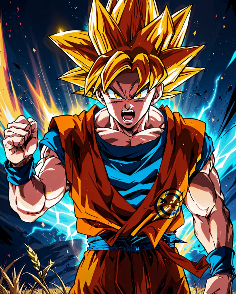 Gambar ini menunjukkan Goku, karakter dari serial anime Dragon Ball Z. Dia berdiri di sebuah ladang, dengan ekspresi wajah yang penuh tekad. Dia mengenakan pakaian oranye dan biru, dengan rambut runcing khasnya. Dia dikelilingi oleh aura kuning, dan ada bola energi biru dan kuning di tangannya. Latar belakangnya adalah biru gelap, dengan langit yang berawan.