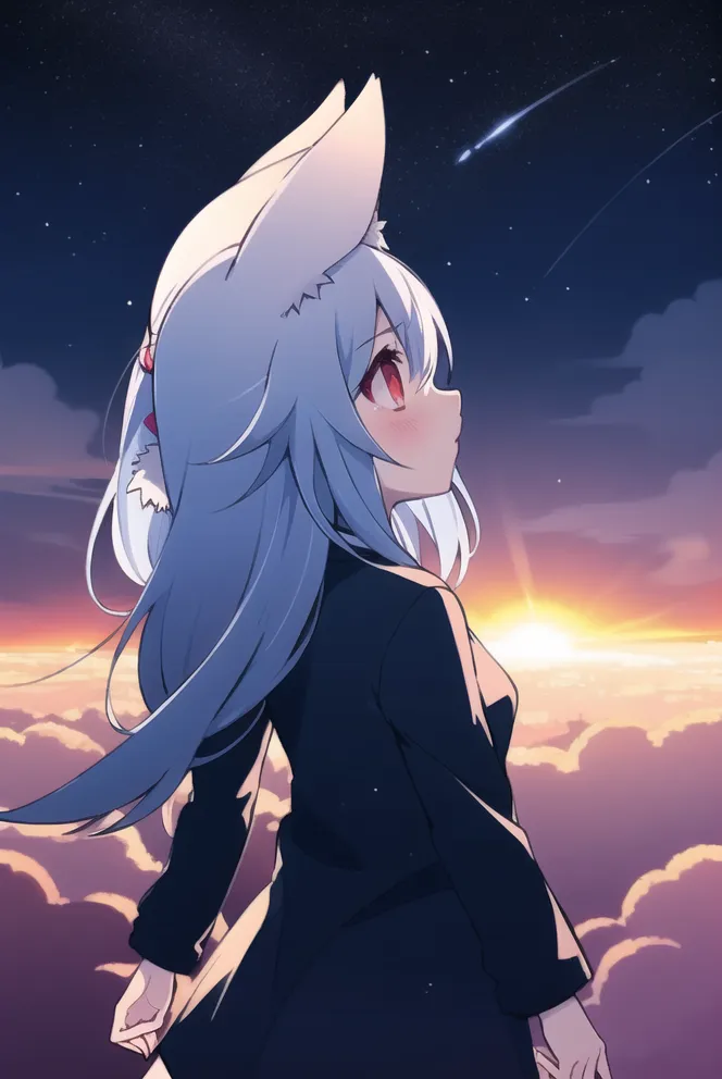 The image shows a girl with white fox ears and long blue hair. She is looking up at the night sky, which is filled with stars and a shooting star. She is wearing a black dress with a white collar. The background is a gradient of orange and blue, with clouds in the foreground.