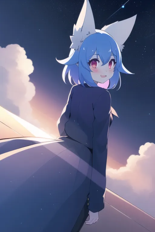 The image is an anime-style illustration of a girl with blue hair and fox ears. She is wearing a blue dress and is standing on a rooftop. The background is a starry night sky with clouds. The girl is looking at the sky and smiling.