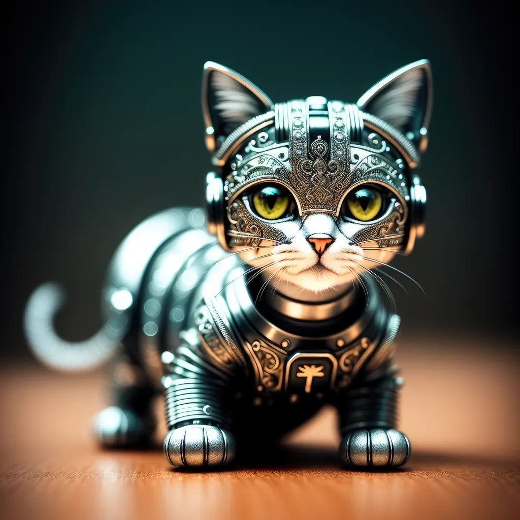 The image shows a steampunk cat wearing a suit of armor. The armor is made of metal and has intricate designs on it. The cat is sitting on a wooden table, and its eyes are glowing green.