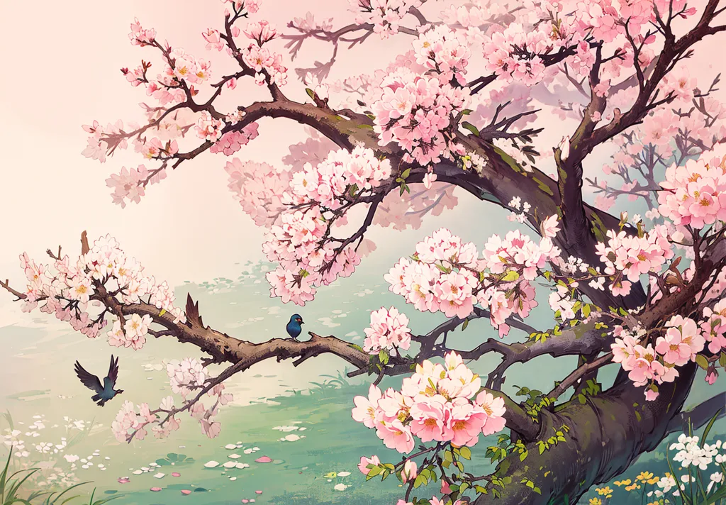 この絵は、満開の桜の木の絵画です。木の幹は太く、枝は繊細なピンクと白の花で覆われています。花は枝に沿って集まって咲いており、葉がほとんど見えないほど多数あります。木は淡い青空を背景に置かれ、前景には川が流れています。川の周りには高い草が生えています。2羽の鳥が枝に止まっています。