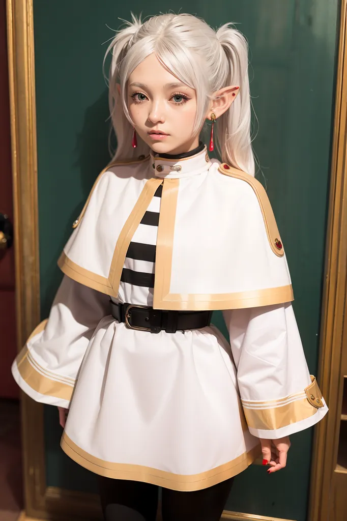 The image shows a young woman with long white hair and green eyes. She is wearing a white and gold military-style outfit with a black belt and red earrings. She has elf ears and her hair is tied up in two ponytails. She is standing in front of a green door.