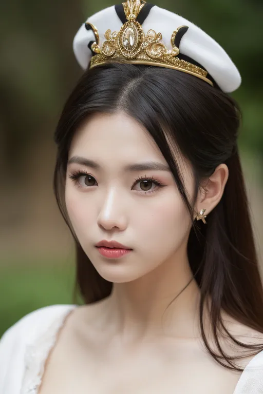 The image shows a young woman with long black hair and brown eyes. She is wearing a white beret with a gold crown on top of it. The woman is wearing light makeup and has a soft smile on her face. She is wearing a white dress with a sweetheart neckline. The background is blurred and looks like a forest.