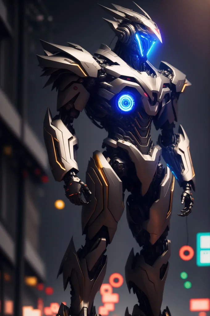 The image shows a robot standing in a dark place. The robot is mostly gray and silver, with some blue and gold accents. It has a large, circular chest plate with a blue light in the center. Its head is sleek and angular, with a V-shaped visor. The robot's arms and legs are long and slender, and it has large, powerful-looking hands and feet. It is standing in a relaxed pose, with its arms at its sides and its legs shoulder-width apart. The background of the image is dark and out of focus, with some blurry lights in the distance.