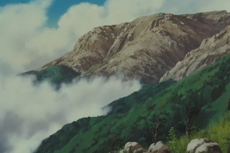 A imagem é uma pintura de fundo do filme de anime "Meu Vizinho Totoro". Ela mostra uma cadeia de montanhas ao fundo, com uma grande montanha de topo plano no centro. As montanhas são cobertas por florestas verdes exuberantes, e há nuvens flutuando ao redor delas. Em primeiro plano, há um campo gramado com algumas rochas e arbustos. O céu é de um azul claro, e há algumas nuvens brancas flutuando nele. O efeito geral é de paz e tranquilidade.