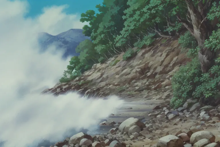 Ceci est une image de fond du film d'animation "Mon voisin Totoro". Elle montre une falaise rocheuse avec des arbres et des buissons verts au sommet. La falaise est battue par de grosses vagues de la mer en dessous. Le ciel est bleu et nuageux et il y a des montagnes à l'horizon.