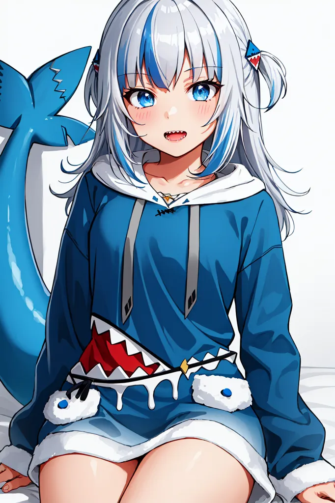 The image is of an anime-style girl with white and blue hair. She has blue eyes and is wearing a blue hoodie with a shark tooth design. The hoodie is unzipped, showing her stomach. She is also wearing white shorts. She is sitting on a bed, and there is a shark tail sticking out from behind her.