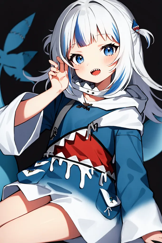 The image is of an anime-style girl with white and blue hair. She is wearing a blue and white hoodie with a shark tooth pattern. The girl is smiling and has her hand raised in a peace sign. She has blue eyes and a shark tooth sticking out of her mouth.