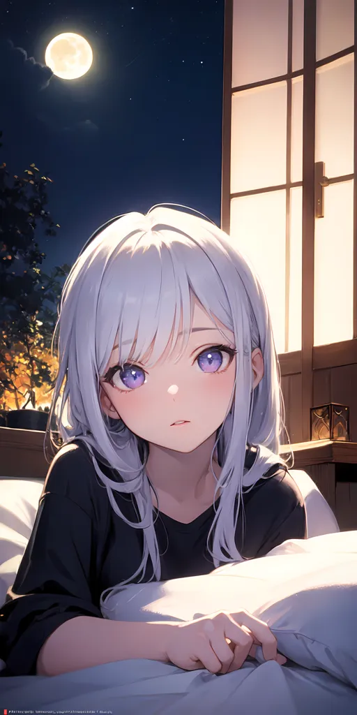 The image is of an anime girl with long white hair and purple eyes. She is wearing a black shirt and is lying on a bed. The girl is looking at the viewer with a slightly sad expression. There is a full moon outside the window. The background is a dark blue night sky with stars.