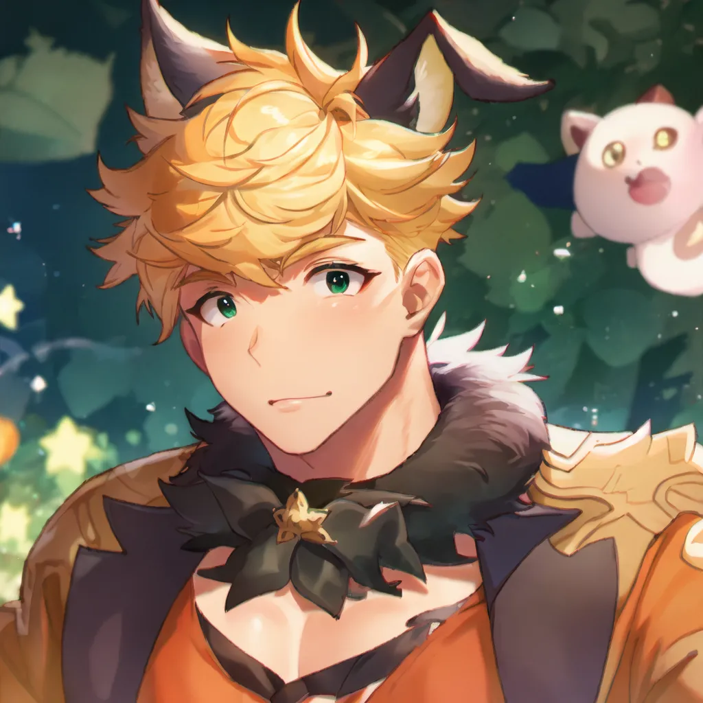 The image is of a young man with blond hair and green eyes. He is wearing a black and orange outfit with a fur collar. He has cat ears and a tail. He is standing in a forest and there is a small white creature with pink details sitting on his shoulder. The man has a gentle smile on his face.