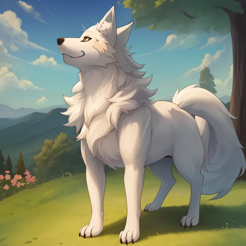 The image is of a white wolf standing on a green grassy plain. The wolf is standing in a proud and regal manner, with its head held high and its tail flowing behind it. The wolf's fur is long and white, and its eyes are a deep golden color. The background of the image is a mountain range, with the peaks covered in snow. The sky is a clear blue, with a few clouds dotting the horizon. The image is a beautiful and majestic depiction of a wolf, and it captures the animal's strength and beauty.