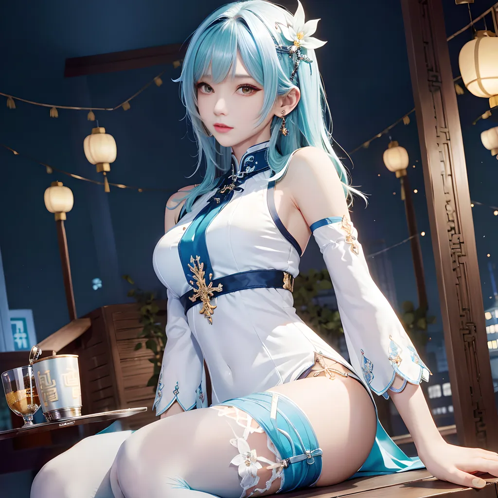 La imagen muestra a una hermosa chica de anime con cabello azul largo y ojos verdes. Lleva un vestido blanco y azul con un cuello alto y una larga abertura en una de las piernas. Está sentada en una mesa con la pierna derecha cruzada sobre la izquierda. Hay una taza de té sobre la mesa. El fondo es una imagen borrosa de un restaurante chino con linternas rojas colgando del techo.