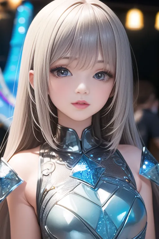 The image is a portrait of a young woman with long silver hair. She is wearing a blue and silver armor with a white gem in the center. The armor has shoulder pads and a high collar. The woman's eyes are blue and her skin is fair. She has a soft smile on her face. The background is blurred and out of focus.