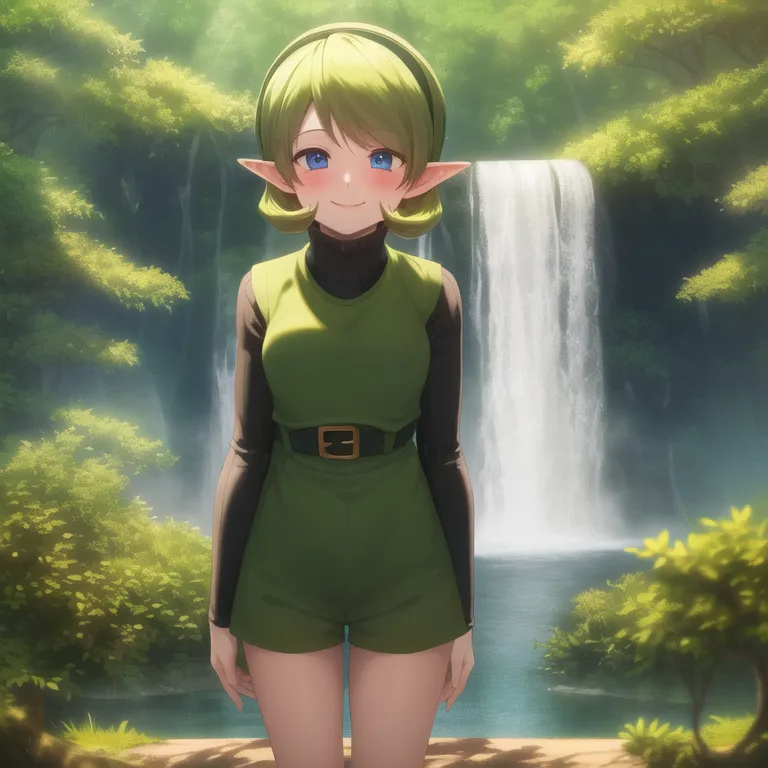 The image is of a young woman with green hair and blue eyes. She is wearing a green tunic and brown boots. She is standing in a forest clearing, and there is a waterfall in the background. The woman is smiling and has her hands at her sides. She has elf ears.