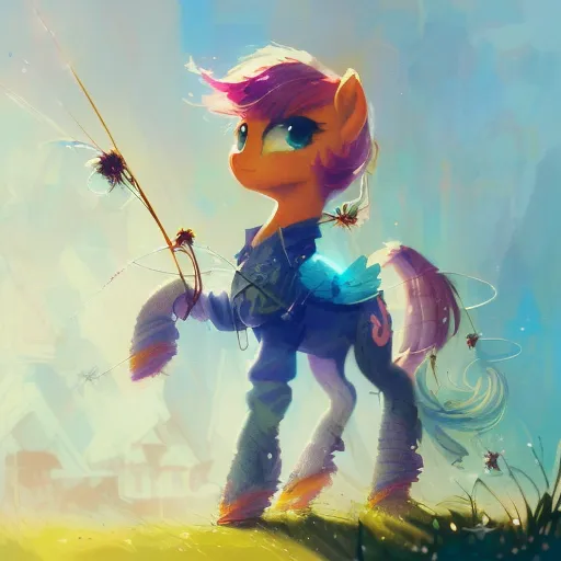 The image shows a pony with peach-colored fur, a pink and orange mane, and blue eyes. The pony is wearing a blue vest and has a fishing pole in its mouth. The pony is standing in a field of grass and flowers. There are also two butterflies near the pony's head. The background of the image is a blue sky with white clouds.