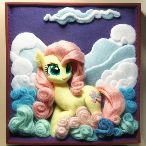 The image shows a handmade, needle-felted figure of the My Little Pony character Fluttershy. Fluttershy is a yellow pony with pink hair and wings. She is standing on a bed of pink and blue clouds. The background is purple with white clouds. The figure is set in a wooden frame with a purple mat.