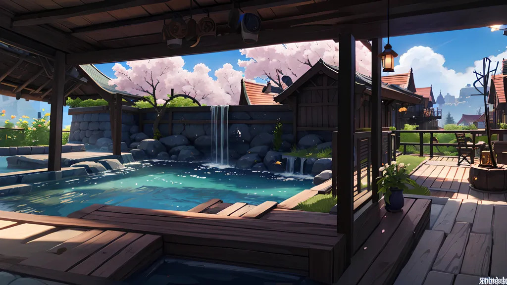 The image is an anime-style background of a hot spring resort. The resort is located in a forest, and there are mountains in the background. The hot spring is surrounded by wooden decks and there are several small waterfalls. There is a building with a thatched roof and a wooden fence. The image is in warm colors, and the overall atmosphere is peaceful and relaxing.