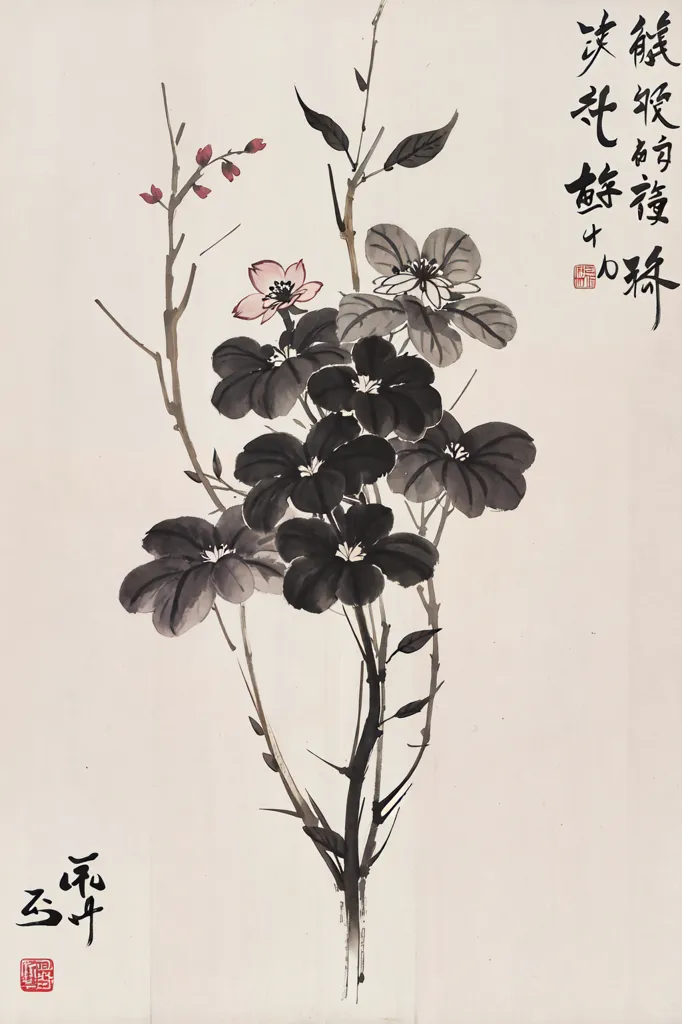 The image is a Chinese painting of flowers and leaves. The painting is done in a realistic style, and the artist has used a variety of brushstrokes to create the different textures of the flowers and leaves. The painting is also very detailed, and the artist has captured the beauty of the flowers and leaves in great detail.

The painting is of a branch with black leaves and pink flowers. The leaves are different shades of black, and the flowers are a light pink color with dark pink centers. The branch is twisted, and the leaves and flowers are arranged in a way that creates a sense of movement in the painting.

The painting is also very delicate, and the artist has used a light touch to create the flowers and leaves. The overall effect of the painting is one of beauty and tranquility.