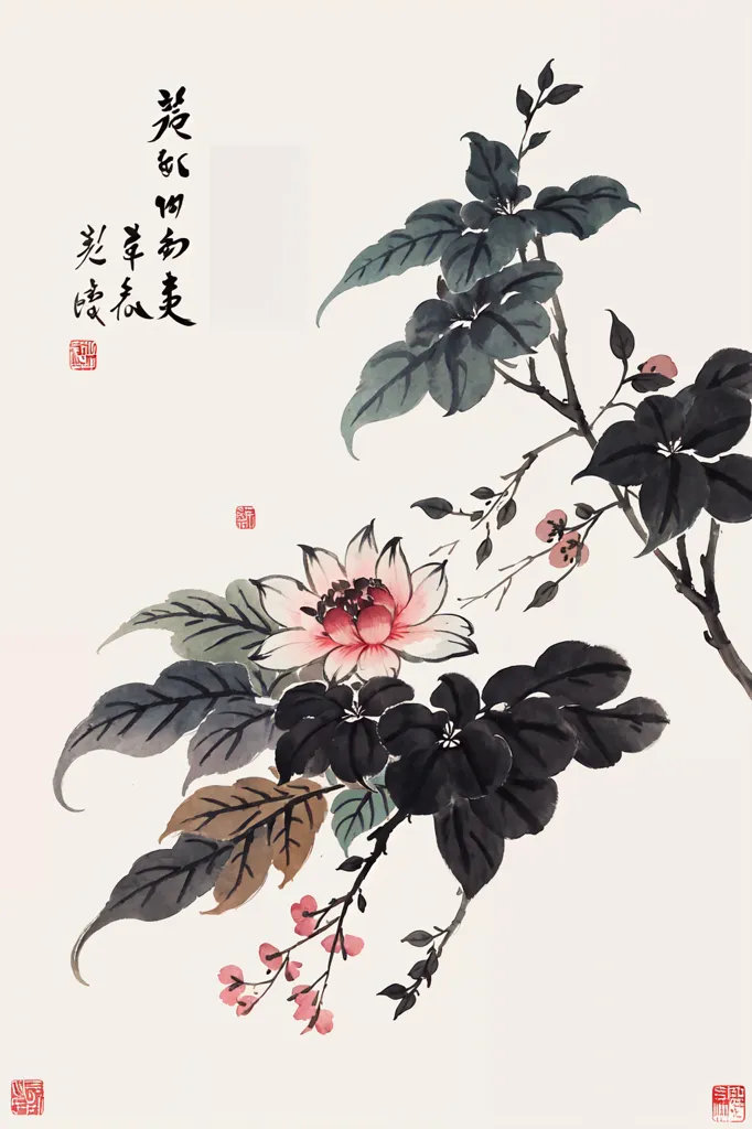 The image is a Chinese painting of a flower. The flower is pink with yellow stamen and green leaves. There are also some small pink flowers on the branches. The painting is done in a realistic style and the artist has used a variety of brushstrokes to create the different textures of the flower and leaves.