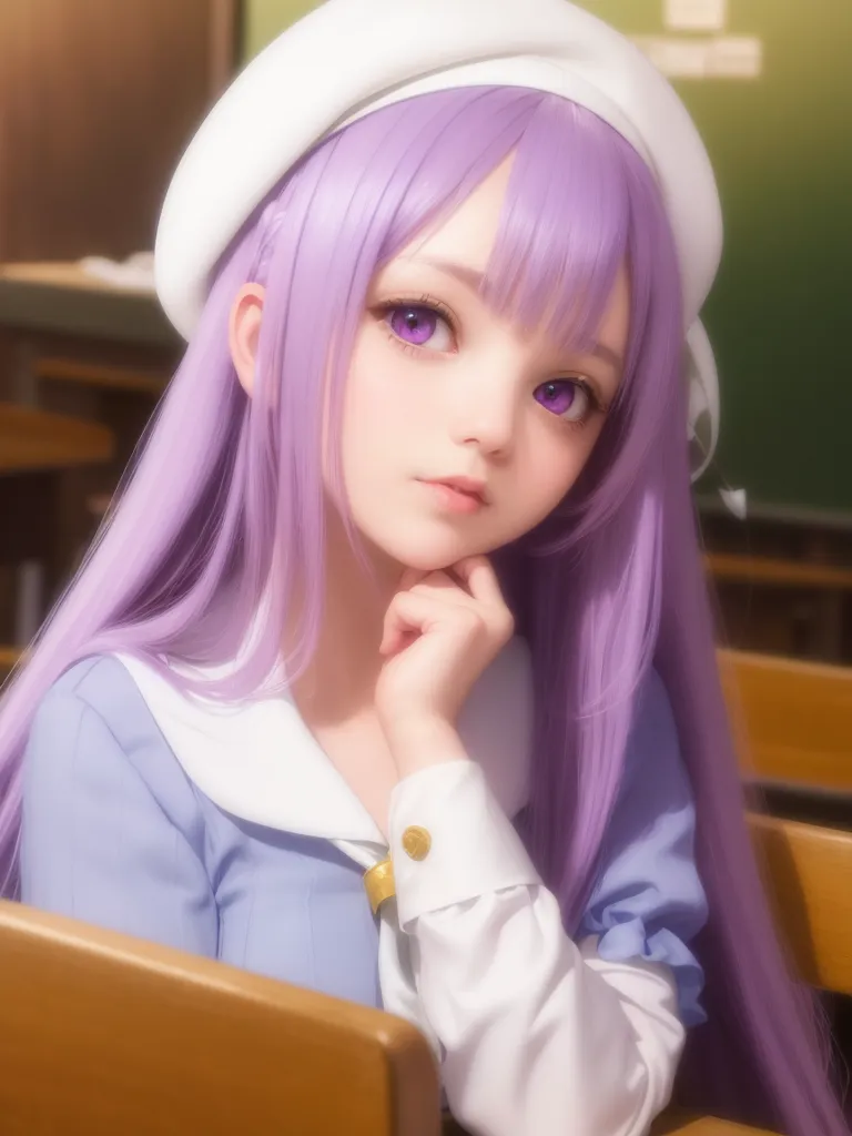 The image shows a young girl with purple hair and purple eyes. She is wearing a white beret and a blue and white sailor-style outfit. She is sitting in a classroom, and she is looking at the camera with a thoughtful expression on her face.
