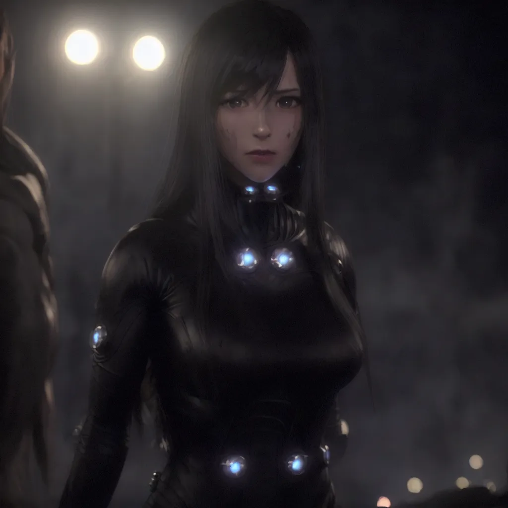 This is a photo of a young woman, who looks like she is in her late teens or early twenties. She has long black hair and pale skin. She is wearing a black bodysuit with a high collar. The bodysuit has several small blue lights on it. The woman is standing in a dark room. There are two bright lights in the background. The woman's expression is serious and determined.