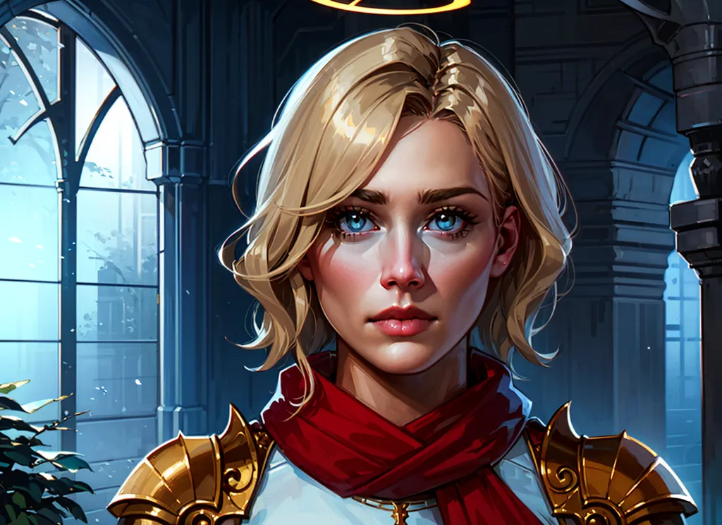 The picture shows a young woman with blond hair and blue eyes. She is wearing a red scarf and a white and gold breastplate. She is standing in a dark room with a stone floor and arched windows. There is a plant to her right. She has a halo above her head.