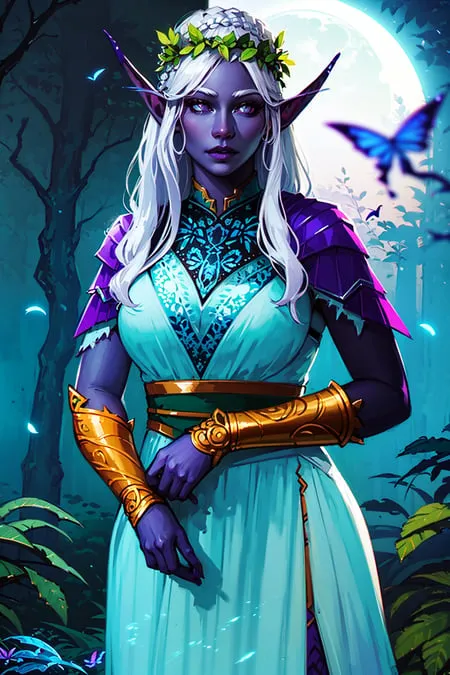 This is an image of a drow elf. She has pale blue skin and long white hair. She is wearing a blue and purple dress with a gold belt. She is also wearing gold bracelets and a necklace. She has a circlet of flowers on her head and there are butterflies flying around her. She is standing in a forest and there is a full moon in the background.