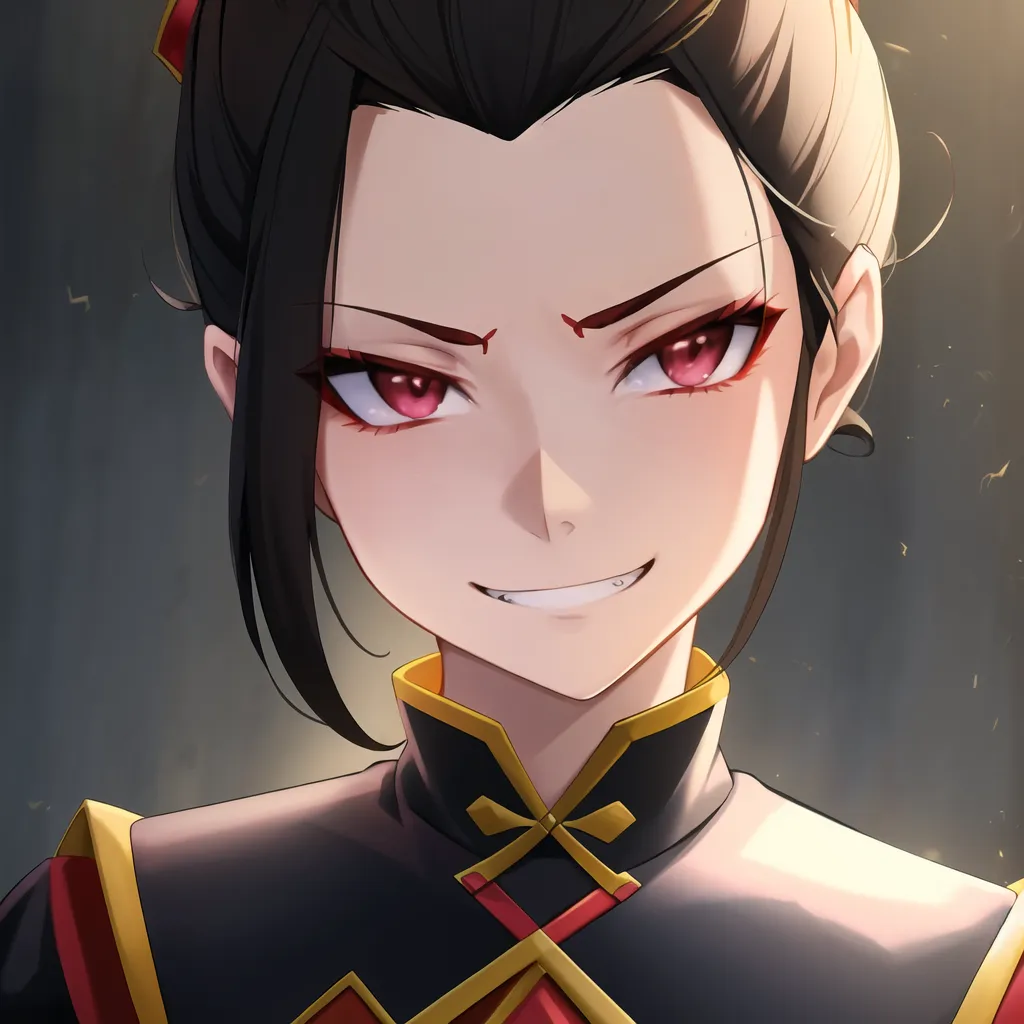 This is an image of a young woman with long black hair and red eyes. She is wearing a red and black cheongsam-style dress with gold trim. The woman has a confident expression on her face and is smirking slightly. She is standing in front of a dark background with a red glow around her.