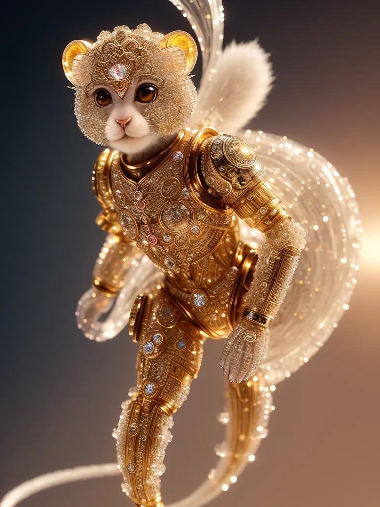 The image shows a golden monkey-like creature with white fur on its chest, tail, and paws. It is wearing golden armor decorated with diamonds and other gemstones. The creature is standing on its hind legs and has its arms outstretched to the sides. It has a determined expression on its face. The background is a gradient of light and dark brown.