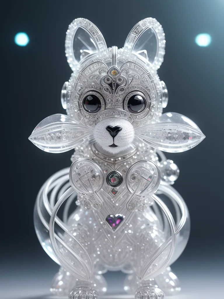 The image is a 3D rendering of a cute rabbit made of glass or crystal. It has big round black eyes, a small black nose, and a mouth that is smiling. The rabbit is wearing a crown and has a heart-shaped gemstone on its chest. Its body is covered in intricate patterns and designs. The background is a dark blue color with two bright white lights in the top left and right corners.