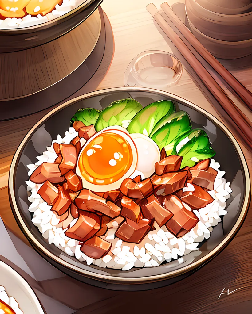 The image is a bowl of rice topped with braised pork and a soft-boiled egg. The pork is stewed in a rich sauce and is tender and flavorful. The egg is perfectly cooked, with a runny yolk that oozes out when you cut into it. The rice is fluffy and provides a perfect base for the pork and egg. The dish is garnished with pickled cucumbers, which add a nice acidity and crunch. The chopsticks rest on the table next to the bowl.