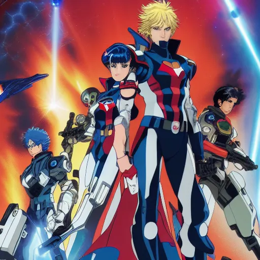 This is an illustration of five characters from the anime series "Star Blazers: Space Battleship Yamato 2202". From left to right, they are: Susumu Kodai, Yuki Mori, Dessler, Saburo Kato, and Akira Yamamoto. The characters are all wearing futuristic military uniforms and are standing in front of a red and orange background. There are also blue and white lightsabers in the background.