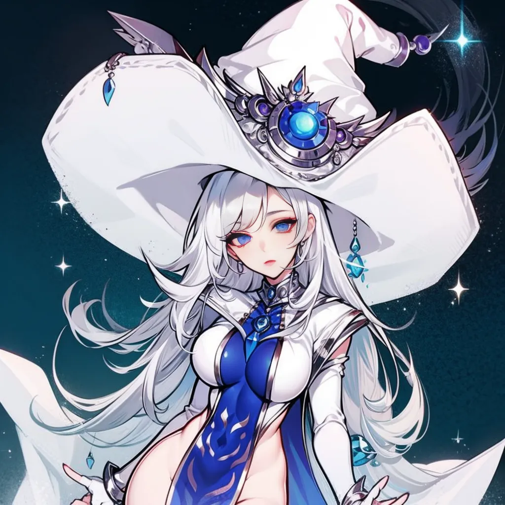 The image is of a young woman with long white hair and blue eyes. She is wearing a white and blue outfit and a large white hat with a blue gem in the center. She is standing in front of a dark blue background with stars.