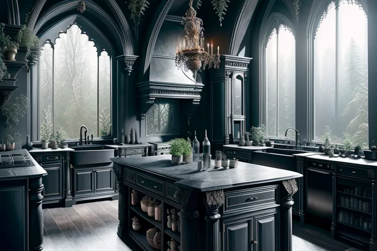 The image is a dark and moody kitchen with black cabinets, countertops, and floors. The walls are a deep gray and the ceiling is coffered with dark wood beams. There are two large windows that let in plenty of natural light. The kitchen is furnished with a large island, a range, and a sink. There are also several pieces of art on the walls. The overall effect is one of luxury and sophistication.