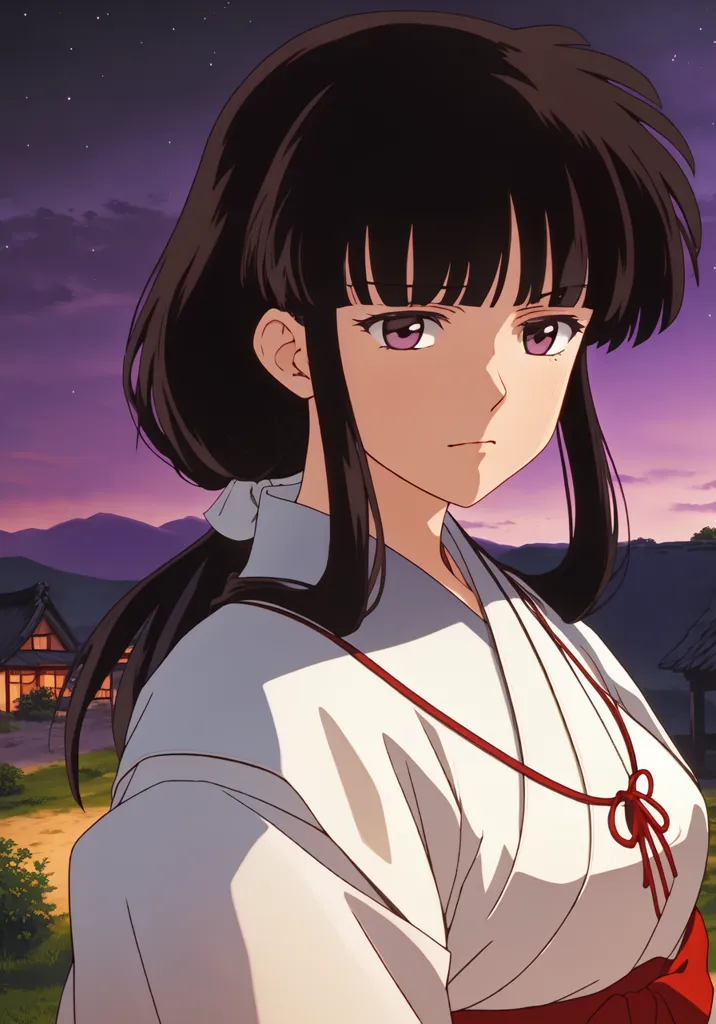 The image is of a young woman with long black hair and purple eyes. She is wearing a white kimono with a red obi. She is standing in a field of grass with a village in the background. The sky is dark and there are stars in the sky. The woman has a serious expression on her face.