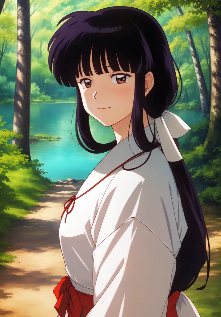 The image shows a young woman with long black hair and purple eyes. She is wearing a white kimono with a red obi. She is standing in a forest near a lake, and she has a gentle smile on her face. The background is blurry, but it looks like there are trees and a river in the distance. The image is drawn in an anime style, and it is very detailed.