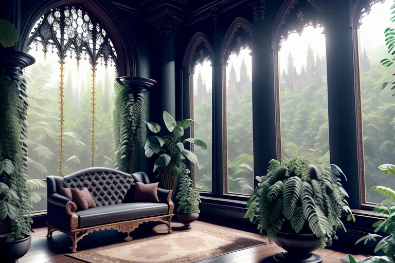 The image is a dark and moody room with a large bay window. The window is surrounded by lush green plants, and there is a dark green sofa in front of it. The room is decorated with dark wood and has a high ceiling. There is a large potted plant in the corner of the room, and several other plants on the windowsill. The room is lit by a single light fixture, which is hanging from the ceiling.