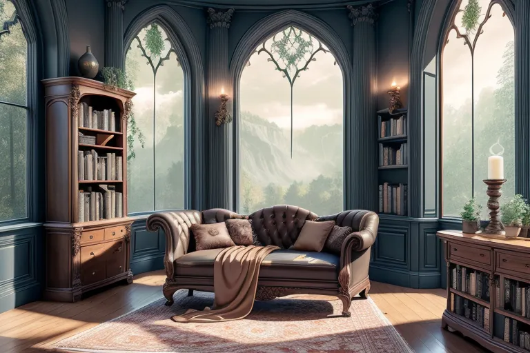 The image is a library in a Gothic style. The room is large and has a high ceiling. There are three large windows that let in plenty of light. The windows are decorated with stained glass. The walls are lined with bookshelves. There is a large fireplace in the corner of the room. There is a sofa in front of the fireplace. The sofa is made of leather and is very comfortable-looking. There is a small table next to the sofa with a lamp on it. There is a rug on the floor in front of the sofa. The rug is red and has a geometric pattern.